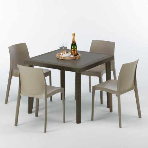 Poly Rattan Tisch Quadratisch mit 4 Bunten Stühlen 90x90 Braun Brown Passion