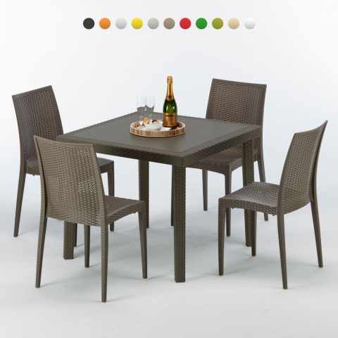 Table carrée et 4 chaises colorées Poly-rotin résine 90x90 marron Promotion