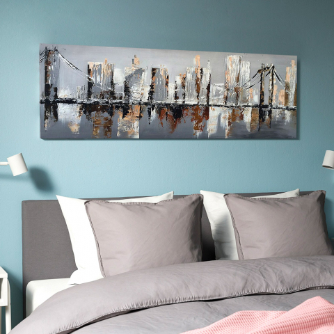 Quadro paesaggio urbano dipinto a mano su tela 140x45cm Brooklyn Bridge Promozione