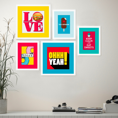Set 5 quadri stile moderno stampe collage incorniciate Frame Pop Art Promozione