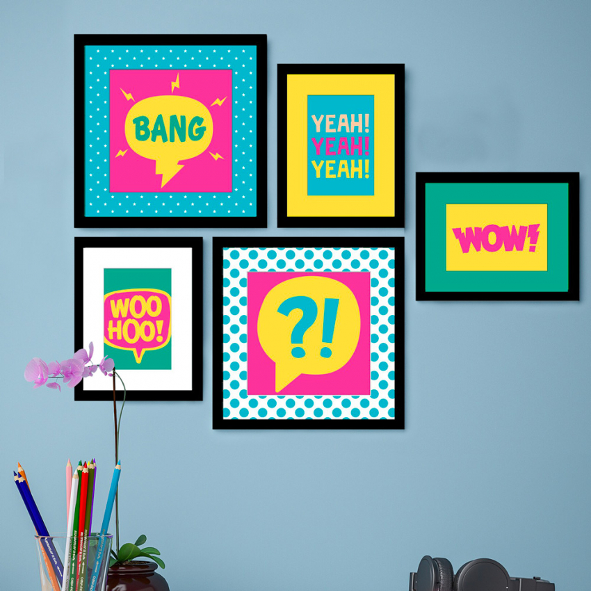Set mit 5 Pop-Art-Bildern Collage-Drucke gerahmt Frame Color Full Aktion Set mit 5 Pop-Art-Bildern Collage-Drucke gerahmt Frame Color Full Aktion