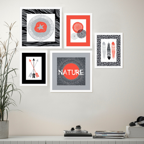 Set 5 quadri stile esotico stampe collage incorniciate Frame Aboriginal Promozione