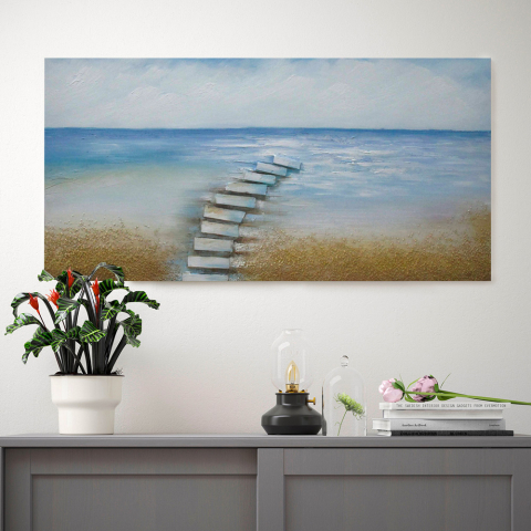 Quadro paesaggio natura dipinto a mano su tela 110x50cm Spiaggia Promozione