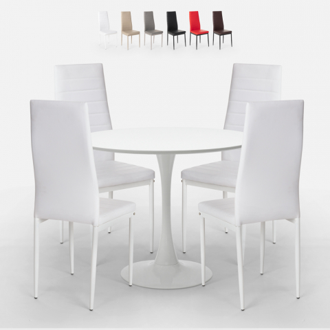 Weiß rund Tulip Design Tischset 80cm 4 moderne Kunstlederstühle Vogue