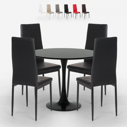 Tulip Design Tischset rund 80cm schwarz 4 moderne Kunstlederstühle Vogue Black