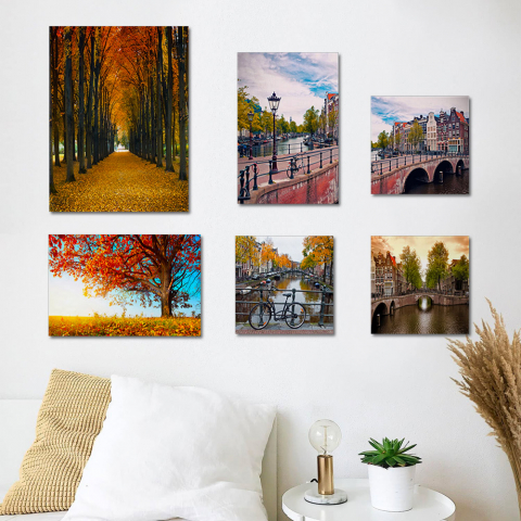 Set mit 6 Leinwandbildern Stadtlandschaft Gemälde Holzrahmen Autumn