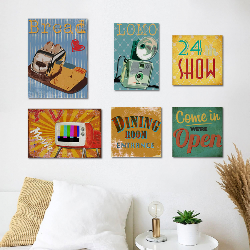 Set mit 6 Retro-Poster auf Leinwand, Holzrahmen im Vintage-Stil Aktion Set mit 6 Retro-Poster auf Leinwand, Holzrahmen im Vintage-Stil Aktion