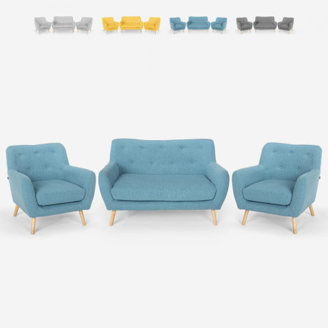 Set salotto 2 poltrone design scandinavo e divano 2 posti legno tessuto Cleis Promozione
