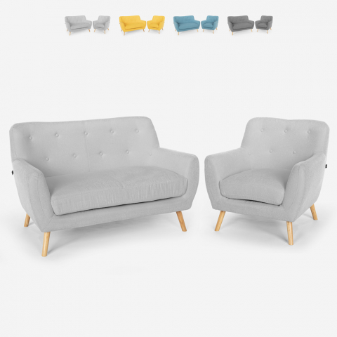 Wohnzimmergarnitur Algot Sessel 2-Sitzer Sofa Skandinavisches Design Holz und Stoff