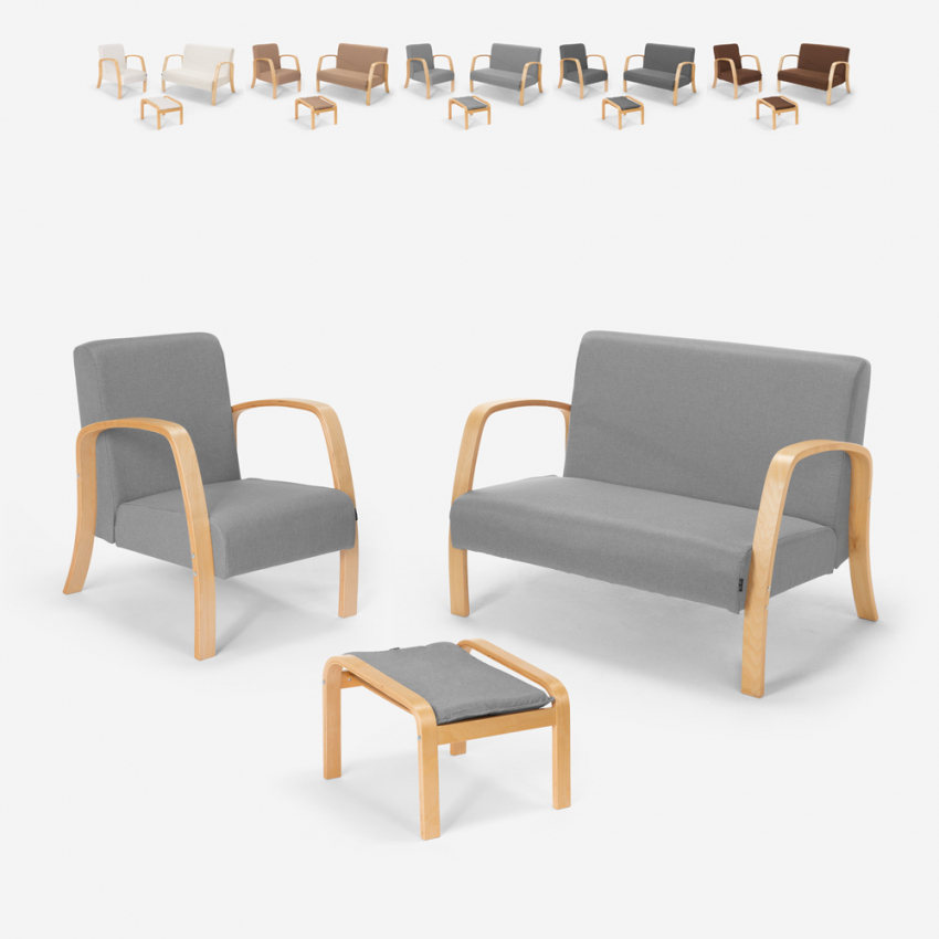 Set salotto divanetto poltrona poggiapiedi scandinavo legno tessuto Gyda Vendita Set salotto divanetto poltrona poggiapiedi scandinavo legno tessuto Gyda Vendita