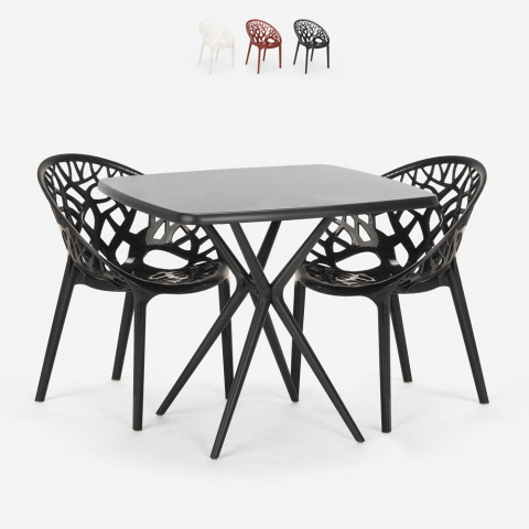 Tischset Schwarz quadratisch 70x70cm 2 Designstühle Moai Black