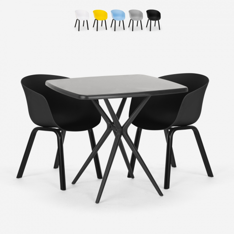 2er Set Stühle modern 70x70cm Schwarz quadratischer Tisch Navan Black