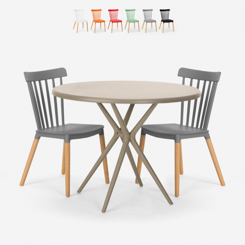 Design-Tischset Beige Rund 80cm 2 Stühle Eskil