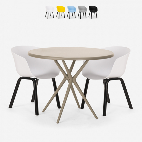 Table design ronde 80 cm beige + 2 chaises design Oden Promotion