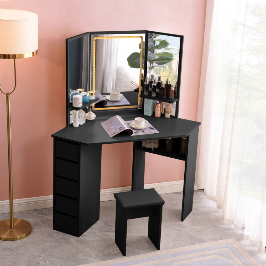 Coiffeuse table de maquillage noir à angle avec 3 Miroirs LED Elettra Black Promotion Coiffeuse table de maquillage noir à angle avec 3 Miroirs LED Elettra Black Promotion