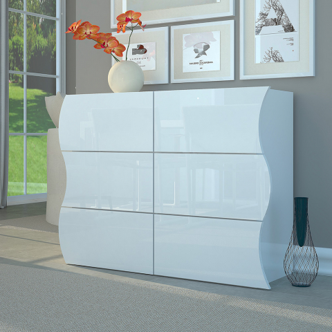 Commode chambre et salon design 6 Tiroirs Blanc Brillant Onda Dresser Promotion