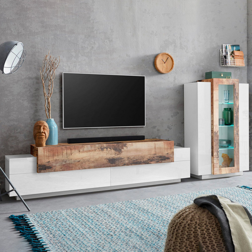 Moderne Wohnwand, TV-Schrank und Vitrine in Weiß und Holz Corona Aktion Moderne Wohnwand, TV-Schrank und Vitrine in Weiß und Holz Corona Aktion