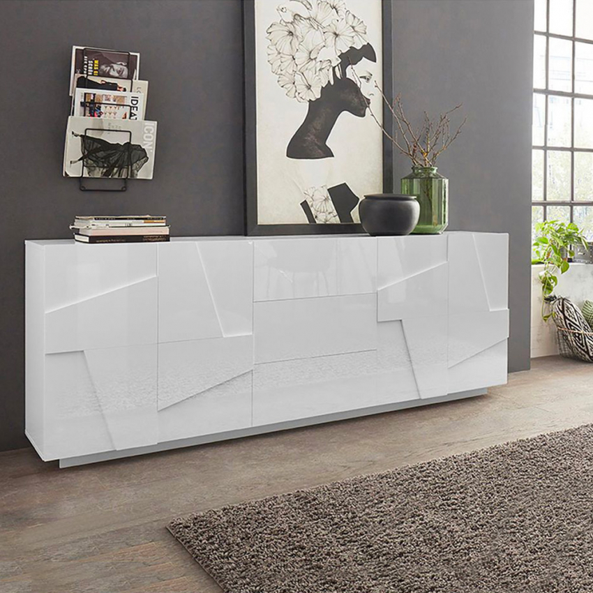 Ping Wide Design Sideboard Wohnzimmerschrank 4 Türen 3 Schubladen 220cm weiß  glänzend