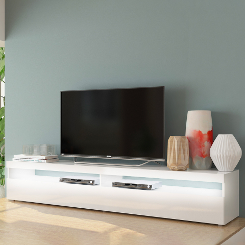 Design Wohnzimmer TV-Schrank 200cm 4 Fächer 2 Türen Glänzend Weiß Burrata