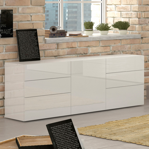 Wohnzimmer-Sideboard mit Tür und 6 Schubladen in glänzend weiß Metis Side