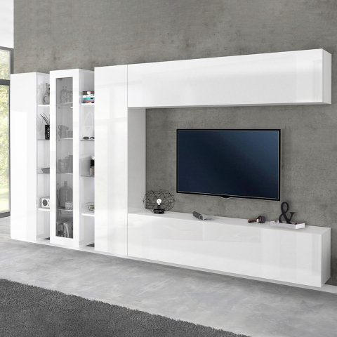 Mur de salon équipé meuble TV blanc brillant 2 colonnes vitrine Joy Wide Promotion