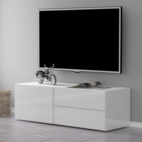 Mobile porta TV soggiorno design vano 2 cassetti 110cm bianco lucido Metis Promozione