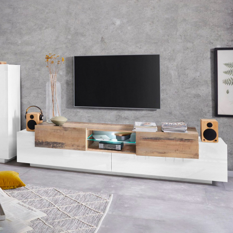 TV-Schrank 200cm offenes Fach mit 3 Türen in Weiß und Holz New Coro Low L