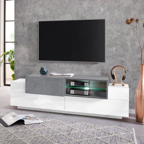 TV-Lowboard New Coro Low M, 160 cm, offene Ablage, 3 Türen, Weiß und Schiefergrau Aktion