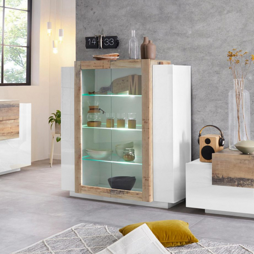 Design-Vitrine in Hochglanz Weiß und Holz für Wohnzimmer New Coro Hem Aktion Design-Vitrine in Hochglanz Weiß und Holz für Wohnzimmer New Coro Hem Aktion