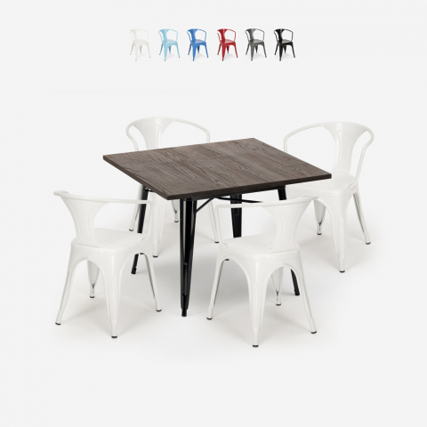 table 80x80cm + 4 chaises design industriel style cuisine et bar hustle black Promotion