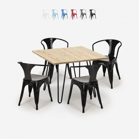 Table 80x80 design industriel + 4 Chaises Style Tolix Bar Cuisine Bar Reims Light Promotion