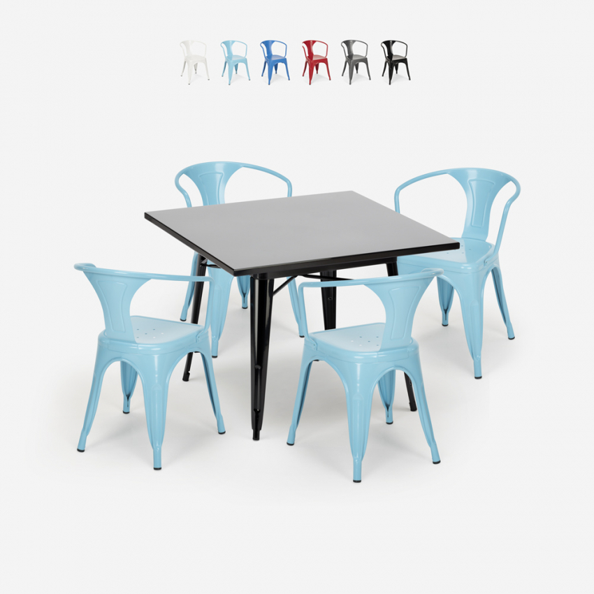 Ensemble table noire 80x80 + 4 chaises style bar restaurant century black Vente Ensemble table noire 80x80 + 4 chaises style bar restaurant century black Vente