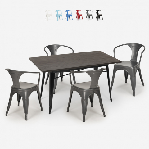 table 120x60cm design industriel + 4 chaises style cuisine bar restaurant caster Promotion