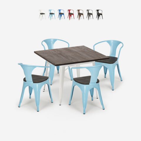 Set Industrieller Stil Holz Metall Küche Tisch 80x80cm 4 Tolix-Stühle Hustle Wood White