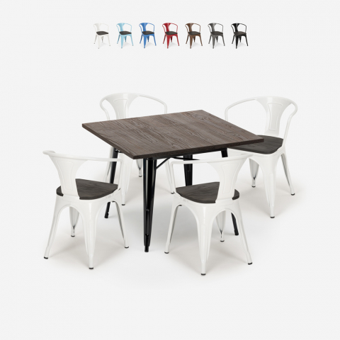 Table 80x80 + 4 Chaises style Tolix Industriel Bois Métal cuisine Hustle Wood Black Promotion