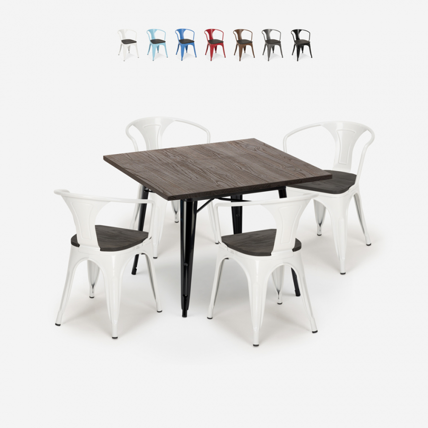 table 80x80 + 4 chaises style Lix industriel bois métal cuisine hustle wood black Promotion