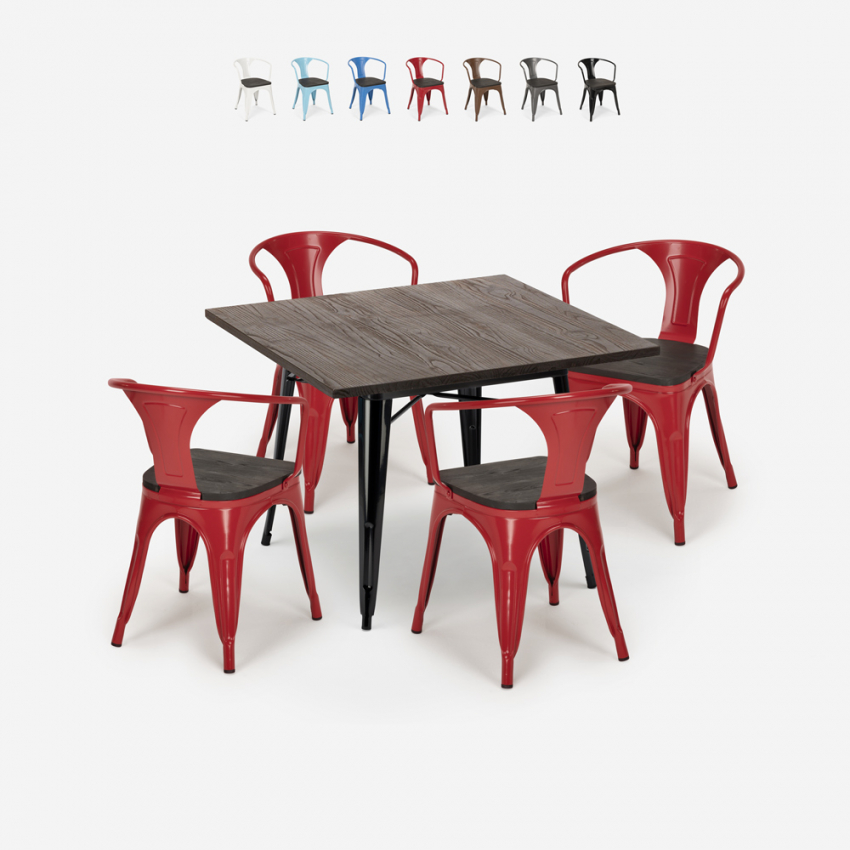 table 80x80 + 4 chaises style industriel bois métal cuisine hustle wood black Choix