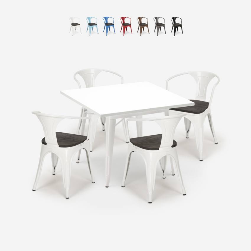 table blanche 80x80 + 4 chaises style industriel bois century wood white Offre