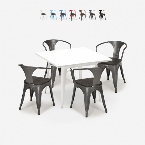 Table Blanche 80x80 + 4 Chaises style Tolix Industriel Bois Century Wood White Promotion