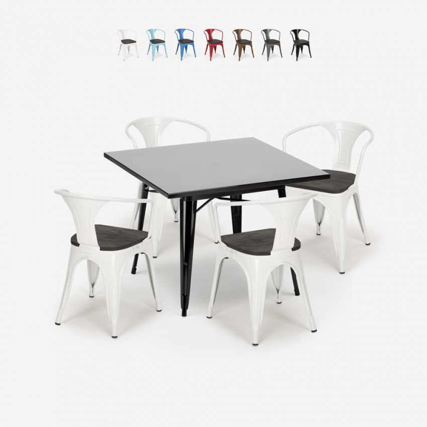 set tavolo nero 80x80cm 4 sedie stile industriale century wood black Offerta
