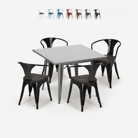 Table 80x80 + 4 Chaises style tolix Industriel Bois Métal Cuisine Bar Century Wood Promotion