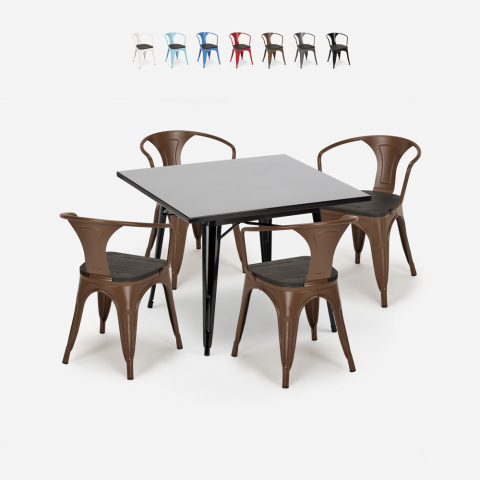 table noire 80x80 + 4 chaises style industriel cuisine restaurant bar century wood black Promotion