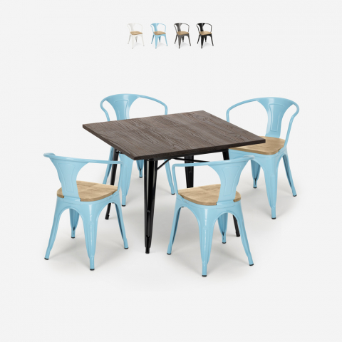 set industriale tavolo legno 80x80cm 4 sedie metallo hustle black top light Promozione