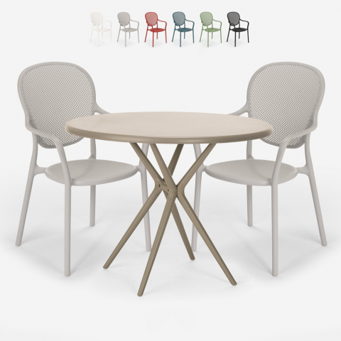 Set runder Tisch beige 80cm 2 Stühle modernes Design Outdoor Valet