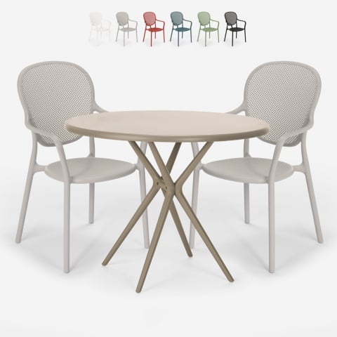 Set tavolo rotondo beige 80cm 2 sedie design moderno esterno Valet Promozione