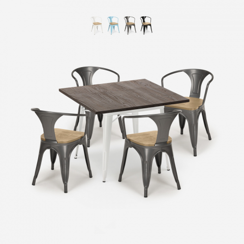 Set Tisch 80x80cm 4 Stühle im Tolix-Stil Holz Industriell Küche Hustle White Top Light