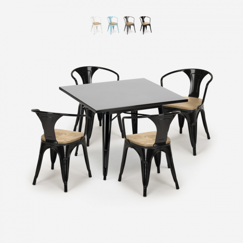 set tavolo cucina metallo nero 80x80cm 4 sedie century black top light Promozione