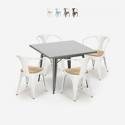 set tavolo industriale 80x80cm 4 sedie legno metallo century top light Promozione