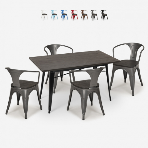 Set mit 4 Stühlen Tolix Tisch 120x60cm Holz industriel Esszimmer Caster Wood