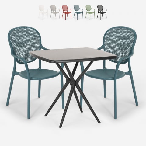 Table Carrée 70x70cm Noire + 2 Chaises jardin terrasse bar restaurant Lavett Dark Promotion